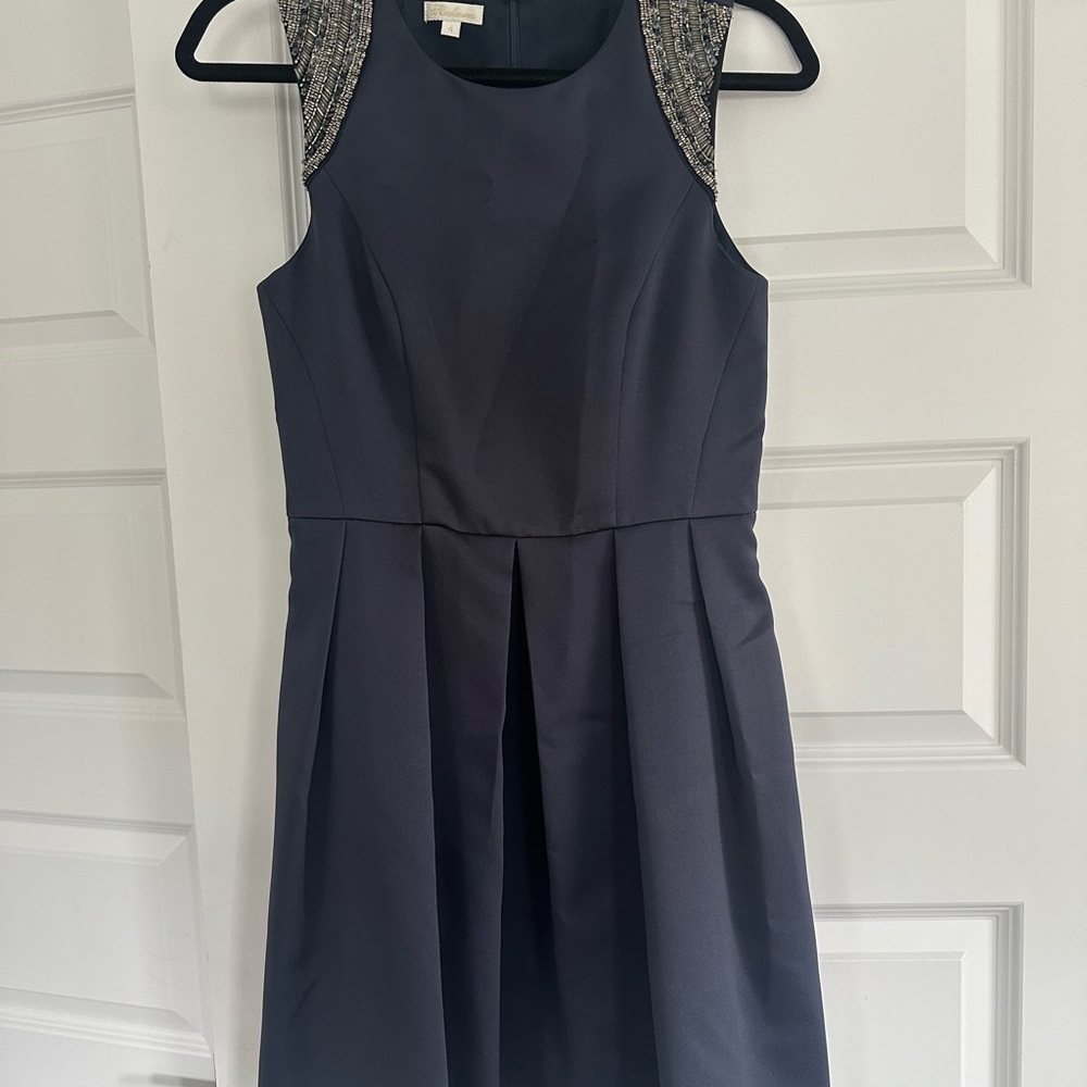 Shoshanna navy satin dress with beading and pockets